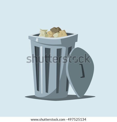 Trashcan. Cartoon vector illustration. Trash in city. Steel container