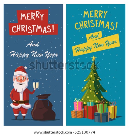 Merry Christmas And Happy New Year Banners. Cartoon Vector Illustration