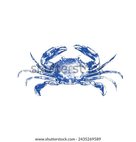 Crab drawn by graphic lines on a light background. Icon for the menu of fish restaurants, markets and shops. Vector blue crab illustration.