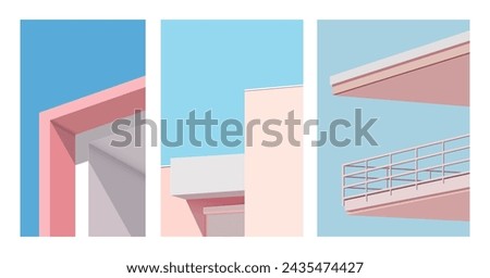 Vector illustration of modern architecture. Minimal architectural building poster. Peach fuzz, pantone 2024. Summer mood. Blue, pink, white