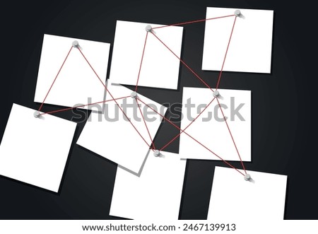 Realistic 3d Detailed Investigation Board or Detective Map with Pinned Paper and Note. Vector illustration of Plan Work