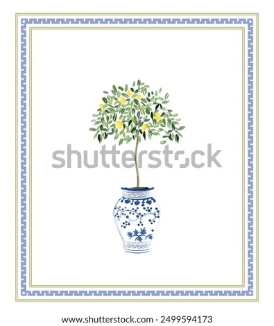 Design template with pattern and sicilian lemons with leaves. Ceramic majolica border, invitation template with patchwork. Citrus lemon tree in a blue vase.