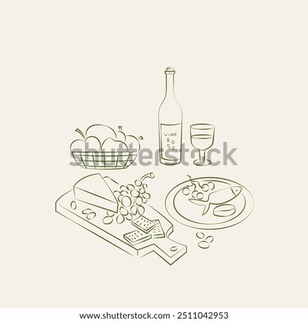 Hand drawn still life with wine, grape and cheese vector. Sketch of cozy Italian or french cuisine. Sketch