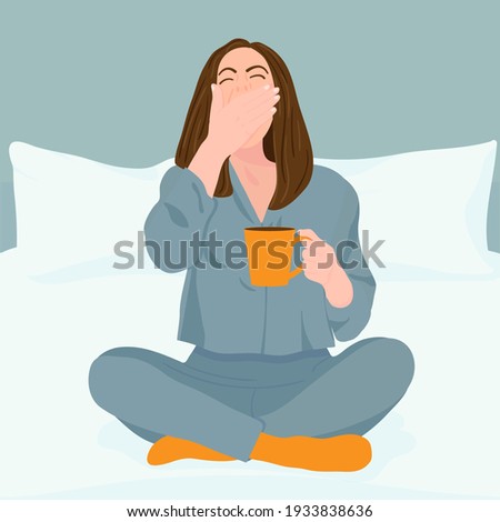 Young women wake up in the morning feeling happy and excited, women on mattress yawns and drinks morning tea or coffee with happy face, feeling healthy women. Good morning. Vector illustration.