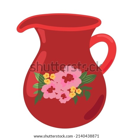 Cute red ceramic milk jug design element flat cartoon illustration. Capacity for drink. Colored tableware hand drawn vector design. Kitchen trendy crockery for hot drink isolated on white background