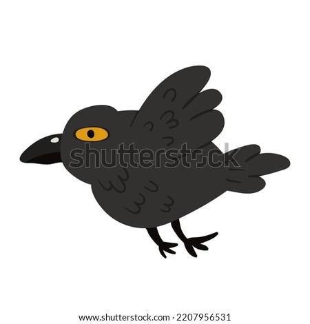 Black Raven or Crow bird. Side view. Cartoon style, flat design. Halloween, horror vector illustration.