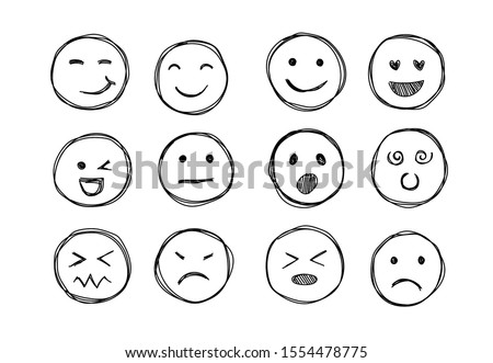 Hand drawn emojis faces. Doddle emoticons sketch, thin line icons of happy sad face, vector illustration