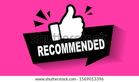 Recommend icon. Thumb up emblem. Pink purple color. Recommendation best seller sign. Good advice. Recommended sale label. Bestseller sticker. Vector illustration. 商業照片 © 