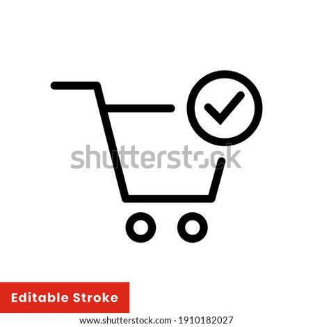 Shopping cart and check mark icon. Simple line style for web and app. Trolley symbol on white background. Vector Illustration. Editable stroke EPS10
