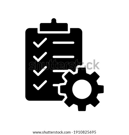 Clipboard and gear icon. Project management concept solid style. Technical support check list with cog. Software development concept. Vector illustration for web and app. EPS 10