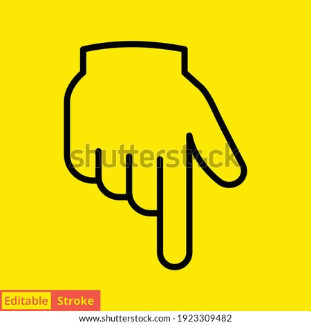 Backhand index pointing down, line icon. Simple outline style. Hand with finger pointing down concept. Vector illustration isolated on yellow background. Editable stroke EPS 10