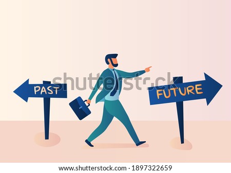 Business illustration, alternative concept, past, and future. Businessmen confidently choose to move forward to the future