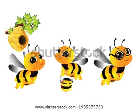 Cute Bee Mascot Set Vector illustration. Bee Cartoon Flying symbol. Honey bee Pot sign, emblem isolated on white background, Flat style for graphic and web design, logo. 