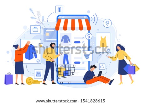 Mobile online shopping. People buy dresses, shirts and pants in online shops. Shoppers buying on internet sale flat vector illustration. Special offer, discount concept. Online clothing store
