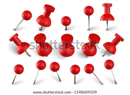 Realistic red push pins. Attach buttons on needles, pinned office thumbtack and paper push pin vector set. Stationery items. Paperwork equipment. Collection of secretary accessories on white