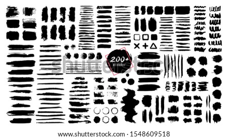 Ink textured brush. Grunge strokes and dirty texture paint splatters. Artistic brush blots, frames and text boxes isolated vector set. Black swatches, stains and smears. Paintbrush, abstract traces