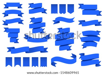 Blue ribbon banners and flags. Flag shape banner, decor tape and curved badge flat vector set. Collection of pennants, labels and streamers. Flaglike objects. Decorative elements, party attributes Stockfoto © 