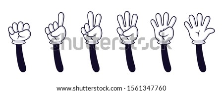 Cartoon hand numbers. Gesture counting sign, hands in white gloves count to five vector isolated illustration set. Cartoon character finger counting. Gloved hands teaching numbers. Arm gestures