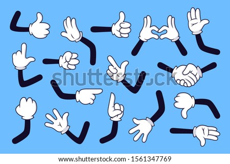 Cartoon arms. Gloved hands with different gestures, various comic hands in white gloves vector illustration set. Pointing with finger, heart gesture, handshake. High five, fist, idea sign