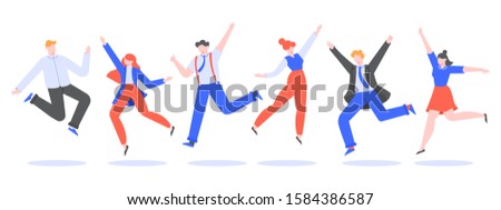 Happy jumping office team. Smiling people jumping at work winning party, business team celebration, corporate colleagues celebrate and joy together vector illustration. Coworkers cartoon character