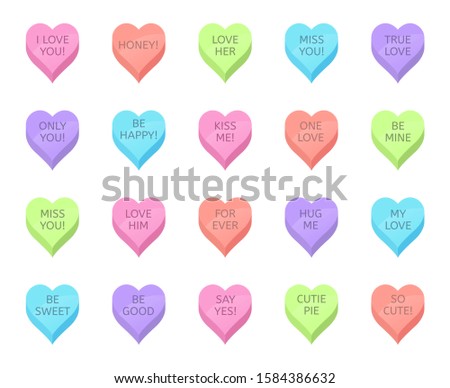 Love candy hearts. Valentines day treats, sweet heart candies and romantic love traditional sweets. Holiday lovely heart shaped sweetmeats vector isolated illustration set. Romance stickers pack