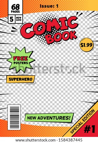 Comic book cover page template. Cartoon pop art comic book title poster, superhero comic book title page vector isolated cover template illustration. Old school comics special edition