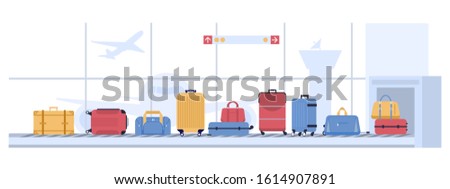 Luggage airport carousel. Baggage suitcases scanning, luggage conveyor belt with bags and suitcases. Airline flight transportation, airport x ray checkpoint inspection vector illustration