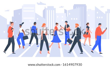 Business people cross road. People in city crosswalk, office workers walking on crowded. Businessman and businesswoman crosswalk. Workers crossing city street vector illustration