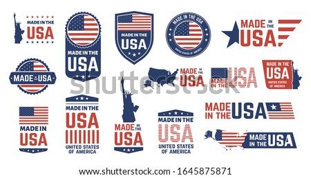 Made in USA badges. Patriot proud label stamp, American flag and national symbols, United States of America patriotic emblems vector set. US product stickers, national independence day 4th july badges