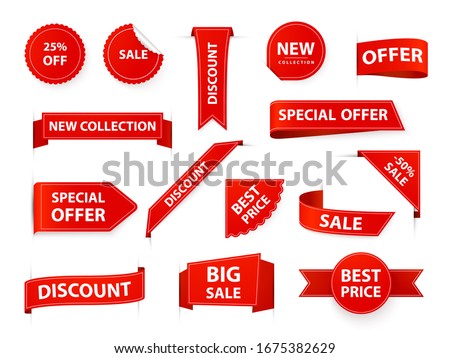 Label tags. Realistic price ribbon tag, red market flags, retail and marketing best offer labels and stickers. Shopping sales sticker template  illustration set. Corner sale new product elements