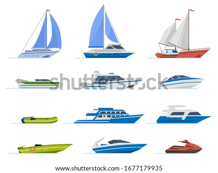 Travel yacht and powerboat. Cruise boats, luxury yacht steamer and speed boat, transportation for ocean water isolated vector illustration set. Yacht marine, speedboat and rubber motorboat