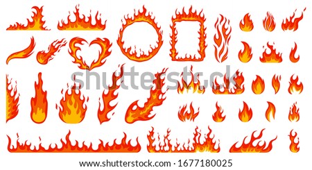 Cartoon campfire. Fire flames, bright fireball, heat wildfire and red hot bonfire, campfire, red fiery flames isolated vector illustration set. Animated form and square, fireball and flame Stock foto © 