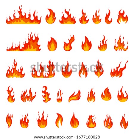 Cartoon flame. Fire fireball, red hot campfire, yellow heat wildfire and bonfire, burn power fiery silhouettes isolated vector illustration set. Fireball power light, flame bonfire energy