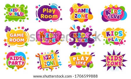 Kids entertainment badges. Game room party labels, children education and entertainment club elements. Baby playing zone vector illustration set. Playroom area, child and kids zone for game