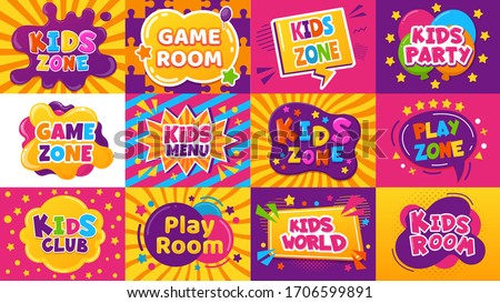 Kids game zone banner. Children game party posters, kid play area, entertainment, education room. Baby playground posters vector illustration set. Kid area for game play, menu for childen emblem