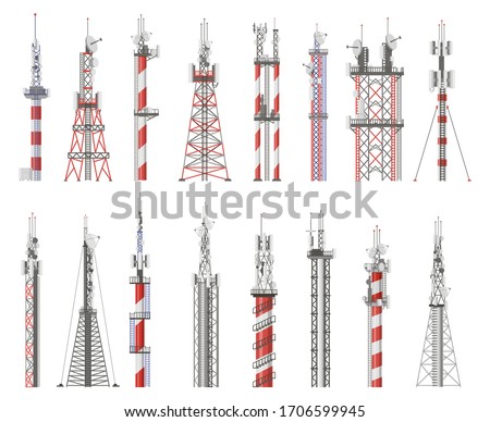 Broadcast technology tower. Communication antenna tower, wireless radio signal station. Cellular network tower vector illustration icons set. Radio signal tower, cellular broadcast cordless