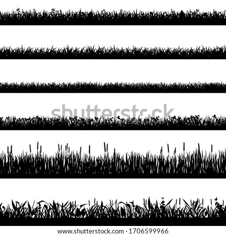 Grass border silhouettes. Black grass silhouettes, natural environment herb borders, grass panorama. Landscape lawn elements isolated symbols set. Illustration grass border, plant summer line