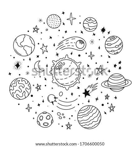 Doodle solar system. Hand drawn sketch planets, cosmic comet and stars, astronomy space doodles. Celestial solar system vector icons illustration. Universe and cosmos, moon and planets
