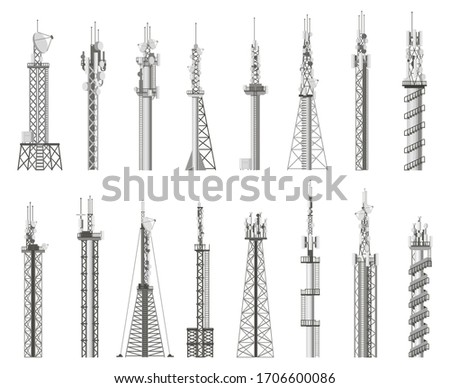 Communicating wireless antenna. Radio cell tower, wireless city antenna. Communications antenna signal station isolated vector icons set. Technology mobile broadcast, wireless radio tower illustration