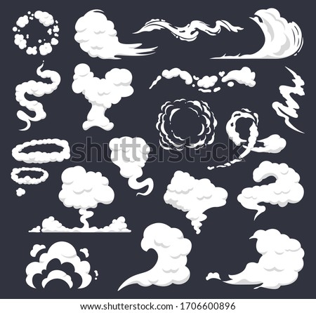 Cartoon smoke. Comic clouds, steaming smoke flows, steam explosion cloud. Dust, smog and smoke clouds isolated vector icons set. Explosion smoke white, motion puff cloud illustration