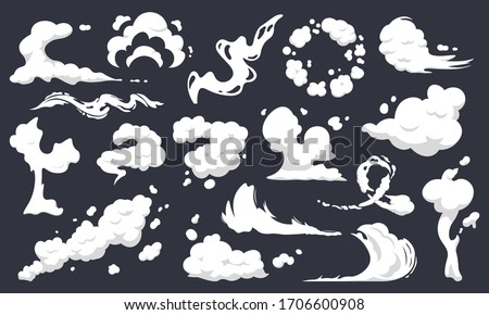 Cartoon smoke clouds. Comic smoke flows, dust, smog and smoke steaming cloud silhouettes isolated vector illustration set. Wind silhouette steaming, smoke explosion, comic cloud collection