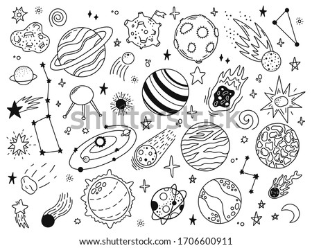 Space doodles. Sketch space planets, hand drawn celestial bodies, earth, sun and moon. Universe space planets vector illustration icons set. Celestial doodle, moon and sun drawing, universe cosmic