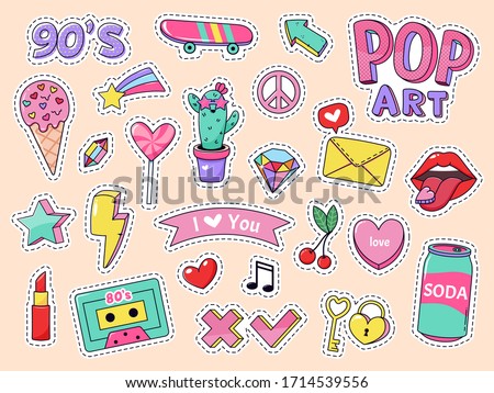 Fashion pop art patch stickers. Girls cartoon cute badges, doodle teenage patches with lipstick, cute food and 90s elements, retro sticker pack illustration icons with music cassette, lollipop