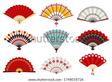 Hand paper fans. Asian traditional folding hand fan, japanese souvenir, wooden chinese hand traditional fans vector illustration icons set. Fan chinese decoration, asian culture souvenir