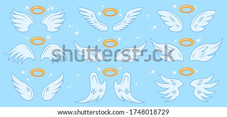 Angel wings. Cartoon angels wing and nimbus, winged angel holy sign, heaven elegant angel wings vector illustration icons set. Angel, wings with holy nimbus, symbol wing isolated
