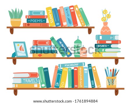 Interior bookshelves. Books at bookshelf, textbooks pile, school education or bookstore shelf, library bookcase isolated vector illustration set. School archive and bookshop, bookcase and bookshelf