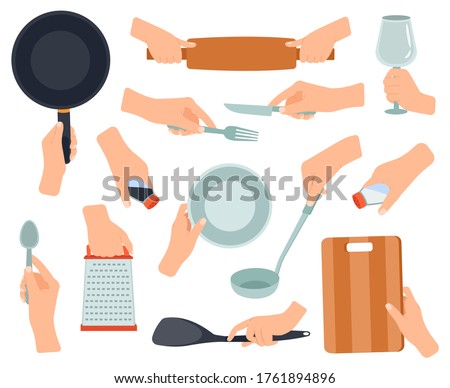 Hand hold kitchenware. Cooking items in female hands, frying pan, stainless fork, knife, hands holding kitchen utensils vector illustration set. Knife and fork, pan and utensil cook
