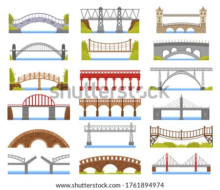 City bridge. Urban crossover bridge construction, truss and tied arch river bridge, carriageway architecture vector illustration icons set. Arch construction urban, railway construct bridge