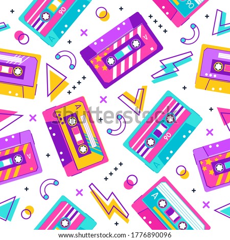 Retro cassette pattern. Seamless vintage memphis 90s party pattern, music audio cassette, analogue 80s stereo audiocassette vector background. Cassette seamless melody analogue casette illustration