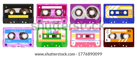 Audio record tapes. Retro 90s music cassette, vintage music mix audio cassette, 80s audio tape isolated vector illustration icon set. Music cassette tape, technology 80s record